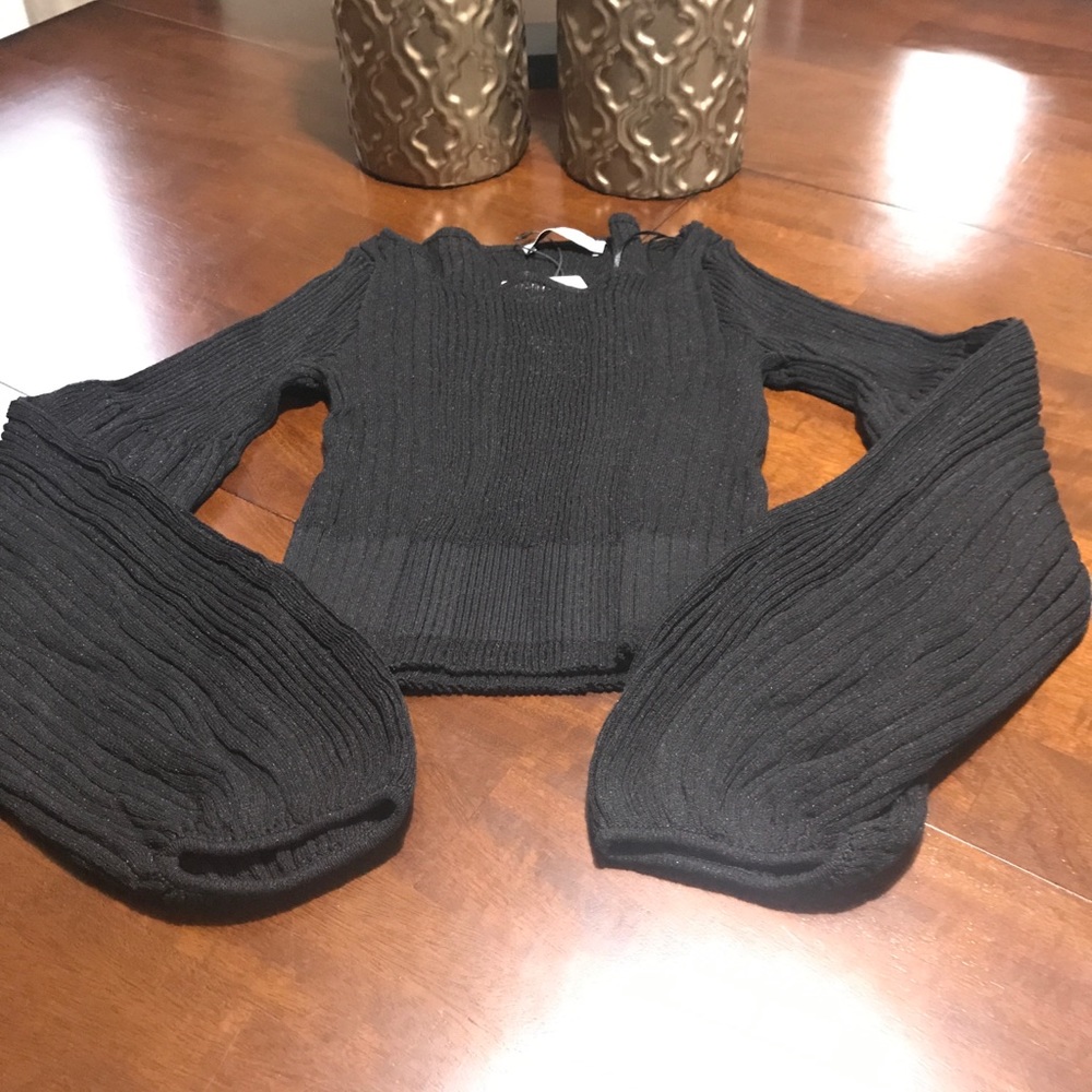 Zara Black Ribbed Knit Balloon-Sleeve Crop Top